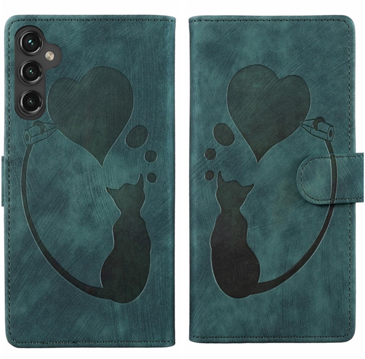 BoekCover Hoes Etui geschikt voor Samsung Galaxy A27 - Kat en Hart - Groen - Reliëf
