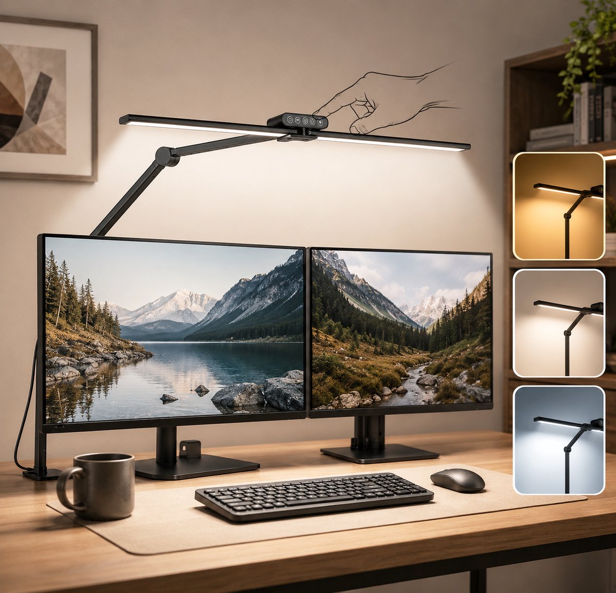 Lapamax Bureaulamp met Klem- Werklamp Dimbaar met 2 Verstelbare Lampkoppen - Monitor Lamp met Touchbediening -5 Lichtkleuren & 10 Helderheidsstanden - Automatische Lichtsensor - hobbylamp voor Kantoor, Tekenen en Werkbank