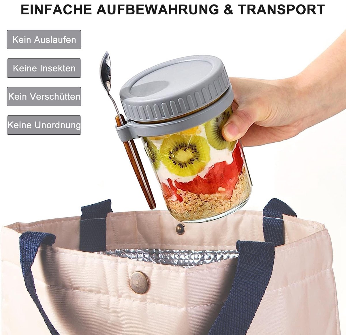 Wishdor Havermout beker to go set van 2 - Glazen pot van 350 ml met deksel en lepel - Lekvrije yoghurt beker voor ontbijt en lunch - Magnetronbestendig - Ø 8,7 x 12,2 cm — cadeau in Kookcadeaus - foto 7