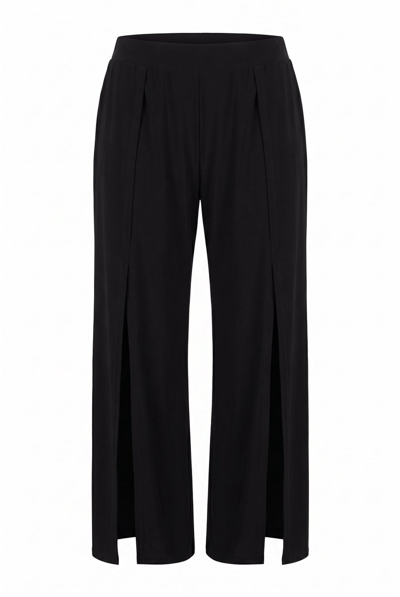 Ulla Popken - Dames - Broek wijde pijpen zoomsplit comfortabele tailleband - Zwart - Maat 54+