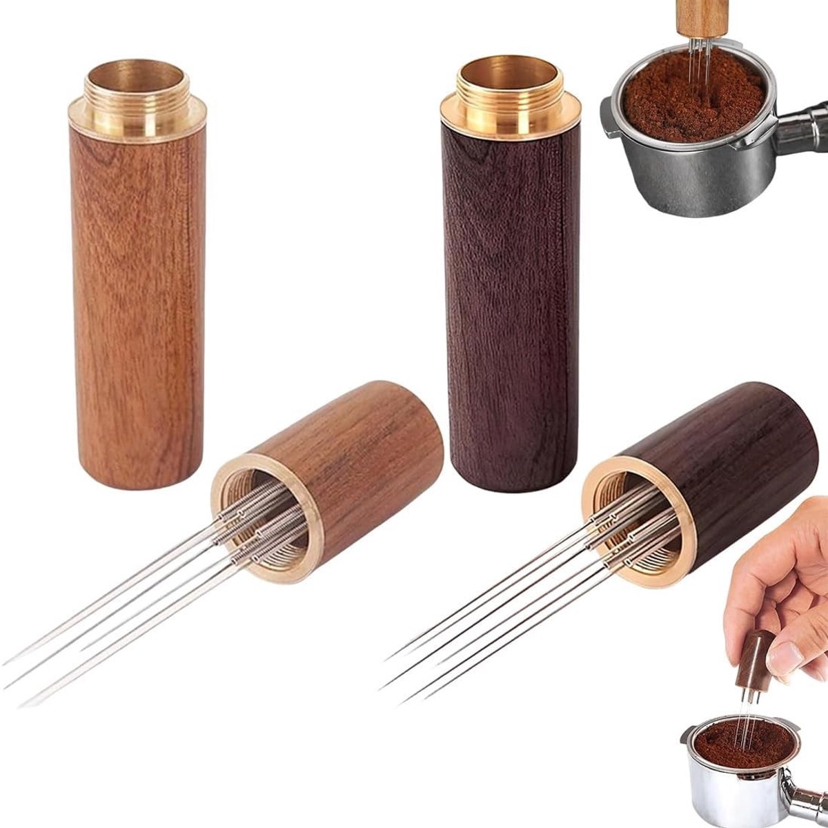 Espresso Roerder Set met 6 Roestvrijstalen Naalden en Houten Handvat - Perfect voor Koffie en Thee Bereiding
