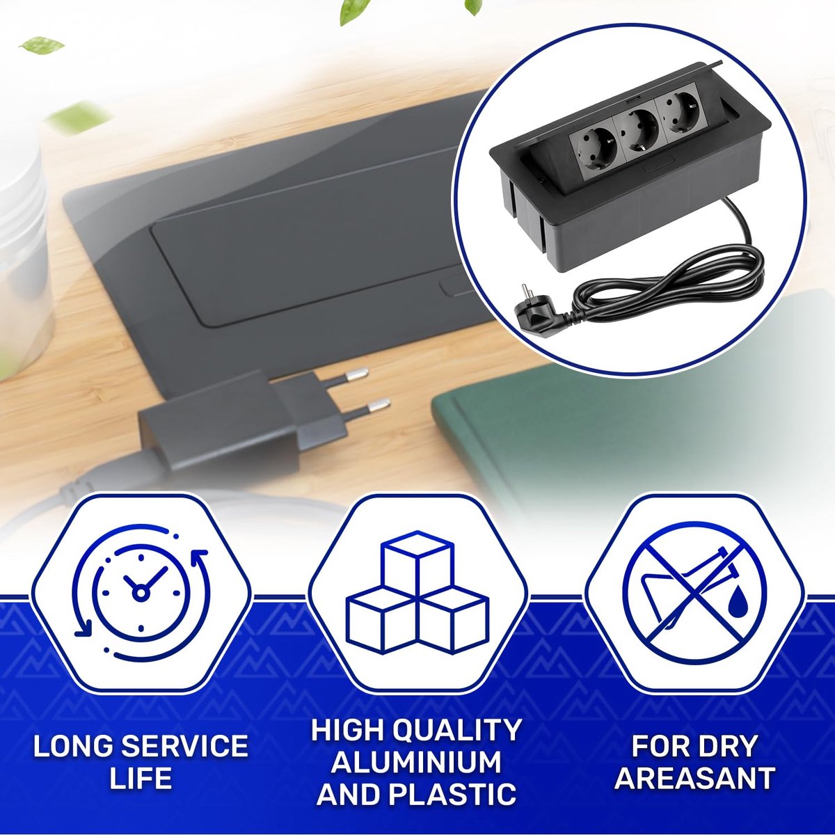 Recessed Power Socket 250x130 mm with 1,5 m Power Cord with 3 Schuko Outlets 3500W - ShopVlot