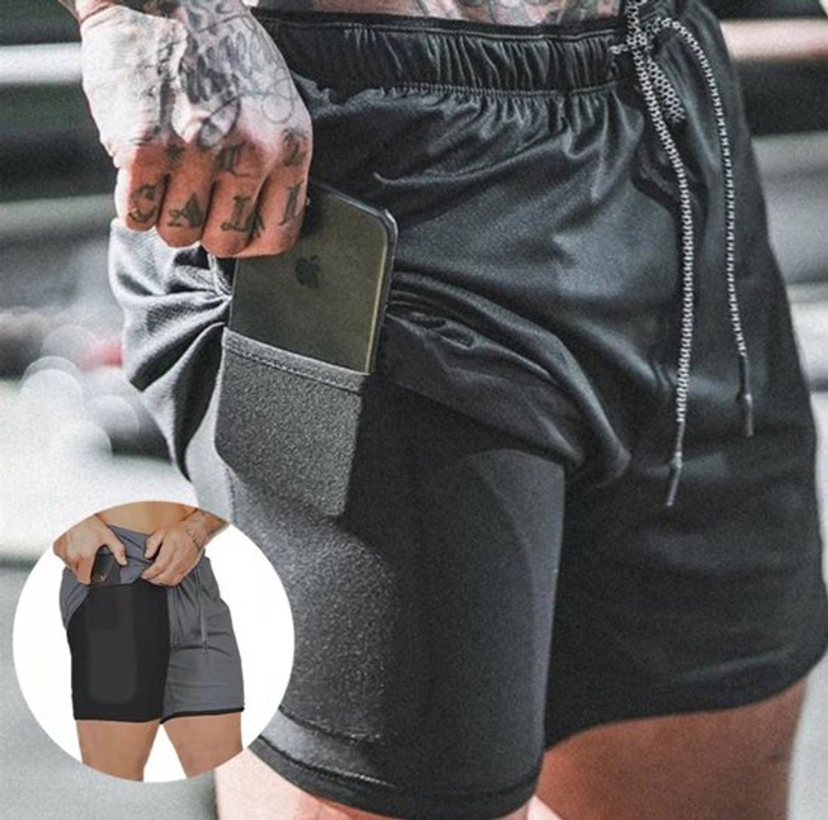 2 in 1 Shorts - Sportbroek - Hardloopbroeken - Fitnessbroek - Sportkleding - Met Telefoonzak - Korte broek - Maat XXXL - LOUZIR