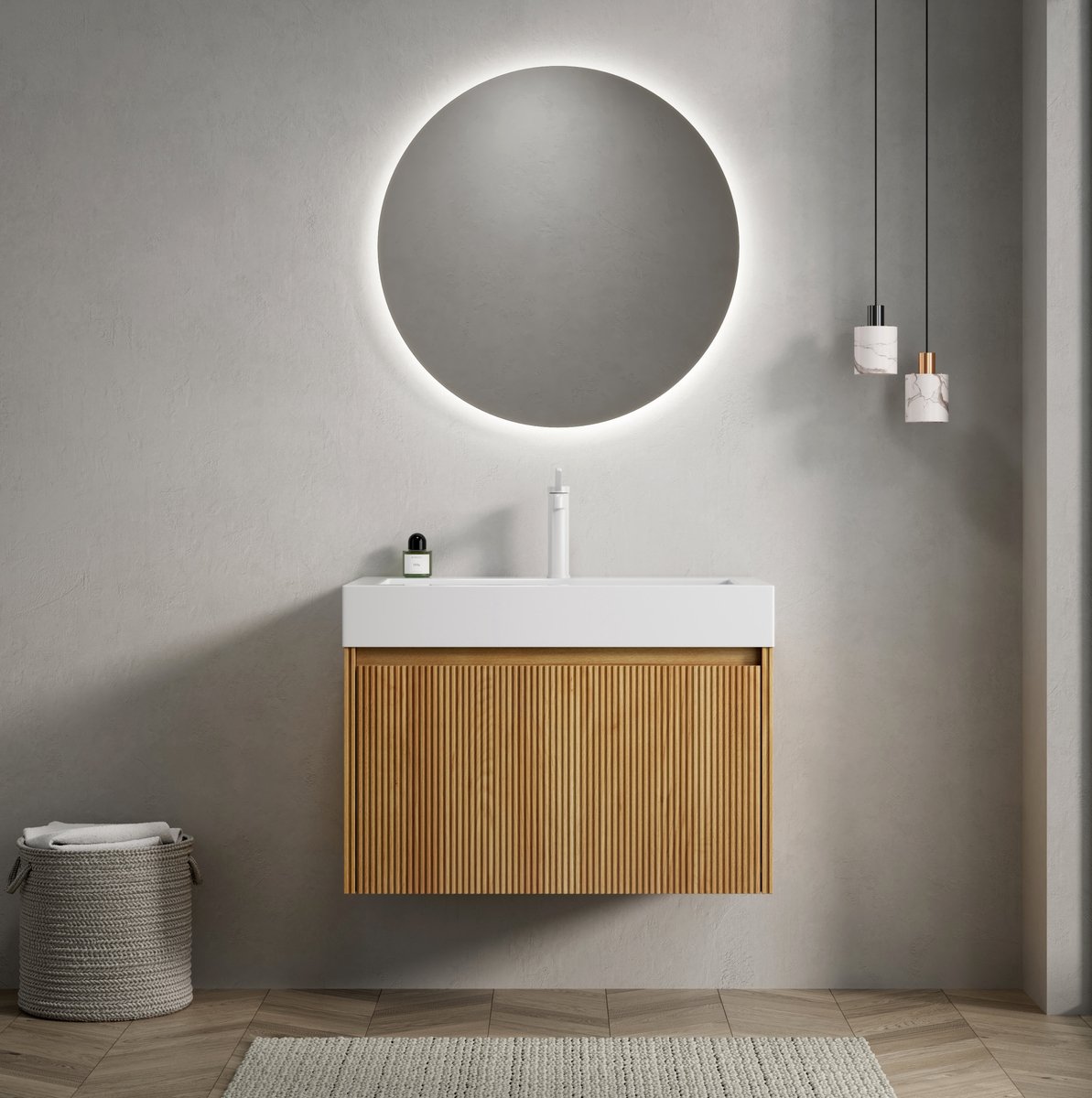 STILVORA Badkamerkast Met Wastafel - Wandmodel Met LED Lade En Rechthoekige Wasbak - Voor Badkamer - Hout En Resin - 70x46x50 Cm - Naturel;Wit