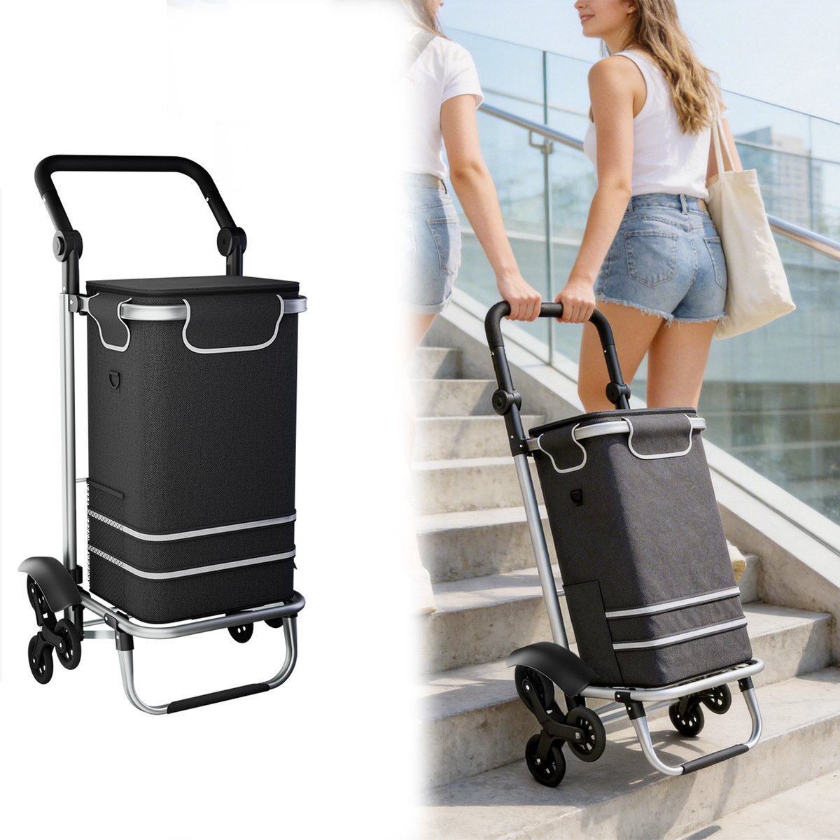 AUFUN Opvouwbare Boodschappentrolley Van Aluminiumlegering - Zwart - Draagvermogen Van 30 Kg - Inhoud Van 56 Liter - Met Drie Wielen Voor Het Beklimmen Van Trappen.