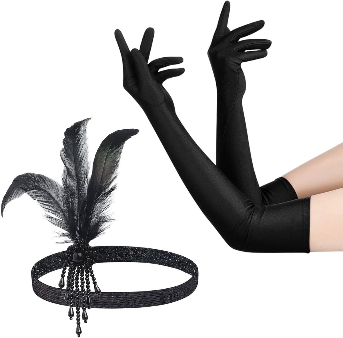 Elegante 1920s Kostuumaccessoires: Hoofdband en Lange Handschoenen voor Halloween en Carnavalsfeesten