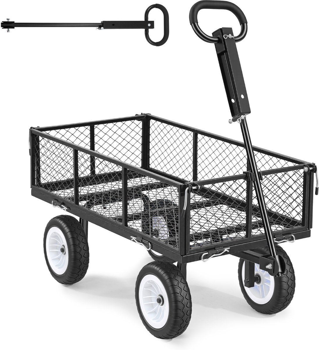 Aanhangwagen met een Draagvermogen van 408,2 Kg, Tuinkar met PU-Wielen, Transportkar met Verstelbare Handgreep, Afneembare Zijpanelen en Geschikt voor Gebruik met ATV of Tractor, Zwart
