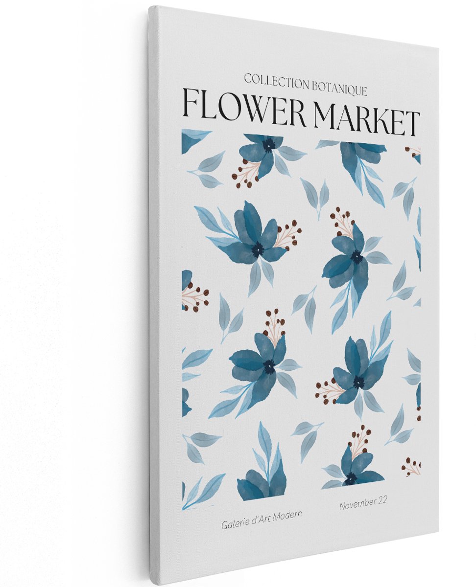 Artaza Canvas Schilderij Bloemen - 100x150 cm - Groot - Wanddecoratie Flower Market - Muurdecoratie Botanisch - Decoratie Blauw