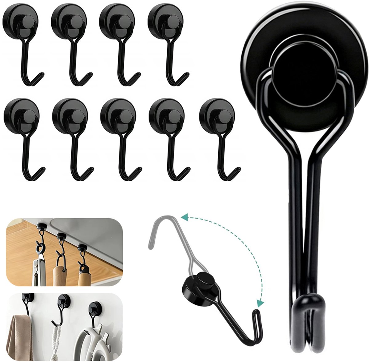 Supersterke magnetische haken – Keukenhaken met neodymiummagneten - Sterke magnetische haken - Ronde magneten - Sterke hechting - Bevestiging zonder boren - 20 mm - 18 kg - 10 stuks - Zwart