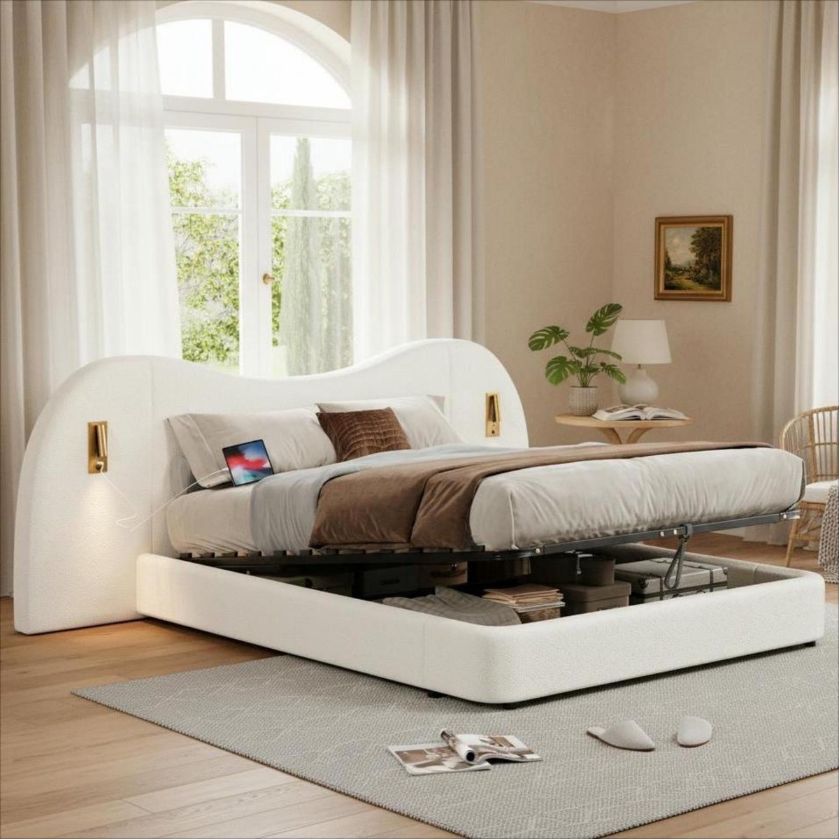Kinderbed, Gestoffeerd bed, tweepersoonsbed, 180*200cm, hydraulisch functiebed, met USB-oplaadpoort en leeslamp, bed met lattenbodem, hoofdeinde en grote opbergruimte, gestoffeerd hoofdeinde, wit Bouclé