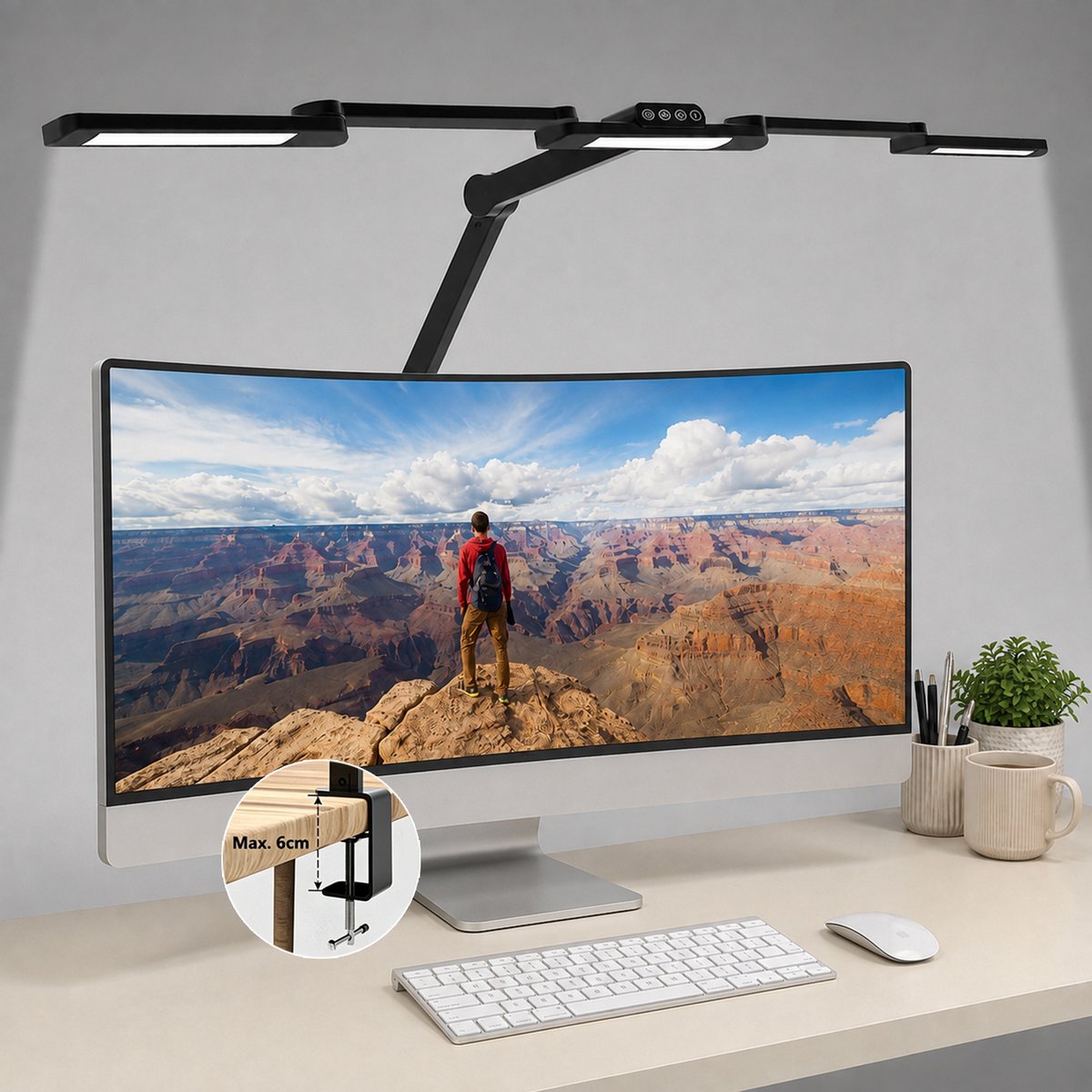 Rosnek LED Bureaulamp met Klem - Architectenlamp 105 cm voor L-Vormig Bureau - Automatisch Dimbaar - Monitorlamp voor Meerdere Schermen - Leeslamp voor Thuiswerk - Verstelbare Werkbanklamp