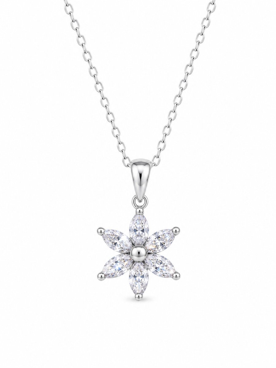 LiLaLove Meisjes Ketting- Ketting Meisje- Ketting Bloem-Ketting Zilver Bloem- Ketting met Bloemetje - Strass Wit- Zilveren ketting- Kind- Cadeau Meisje