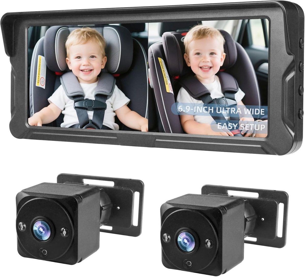Babyautocamera met een 6,9-inch scherm en twee full HD 1080p-camera's – een vervanging voor babyautostoeltjes en achteruitkijkspiegelcamera's, en voorzien van infrarood nachtzicht.