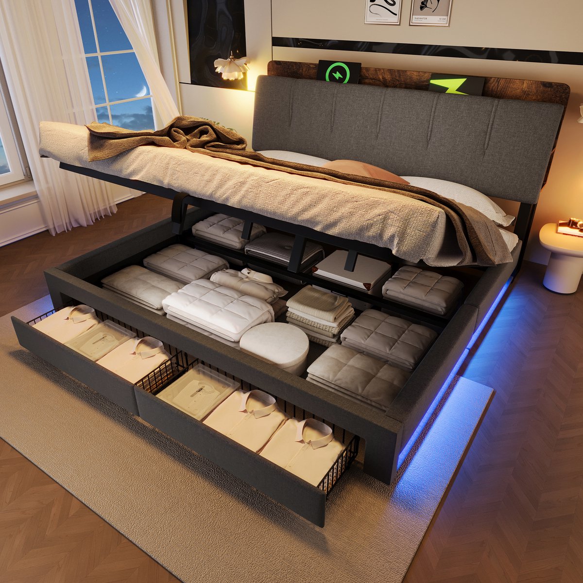 Wishdor Tweepersoonsbed 180x200 cm - Met hydraulische opbergruimte en lades - LED verlichting en USB poorten - Gecapitonneerd hoofdbord - Voor slaapkamer - Grijs