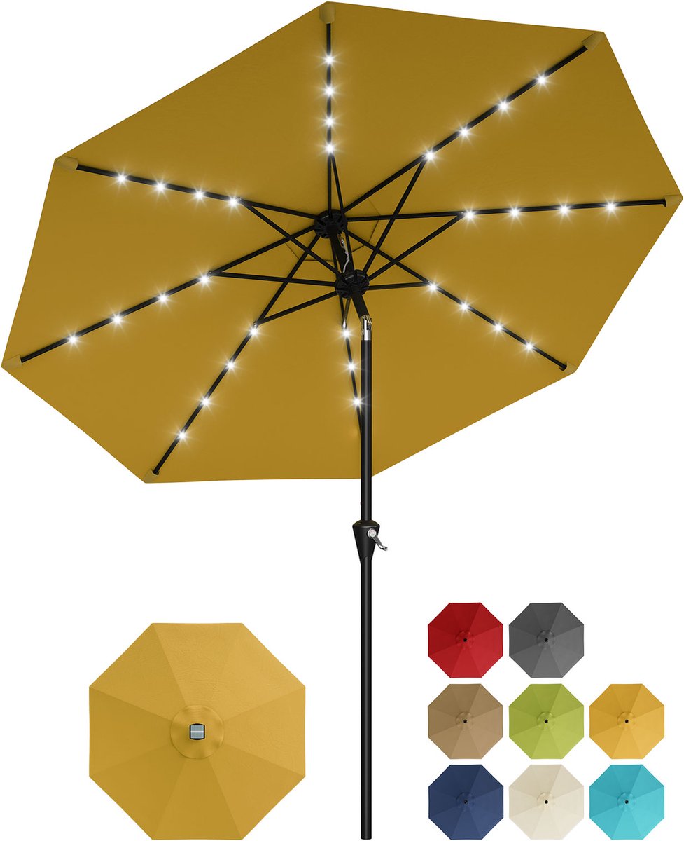 Parasol met Solar LED-Verlichting - 270x270x236cm - Tuinparasol Zonder Voet - Grote Tafelparasol - Kantelbaar met Drukknop - 8 Stevige Ribben - Voor Tuin Terras Zwembad - Geel