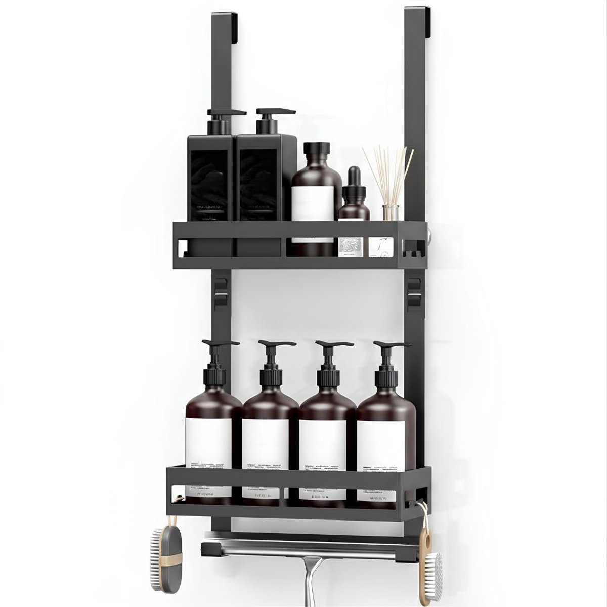 KIRA® Doucherek - Hangend Doucherek Zonder Boren - Doucherek Zonder Boren - Telescopisch Doucherek - Zwart - 11cm x 28cm x 59cm