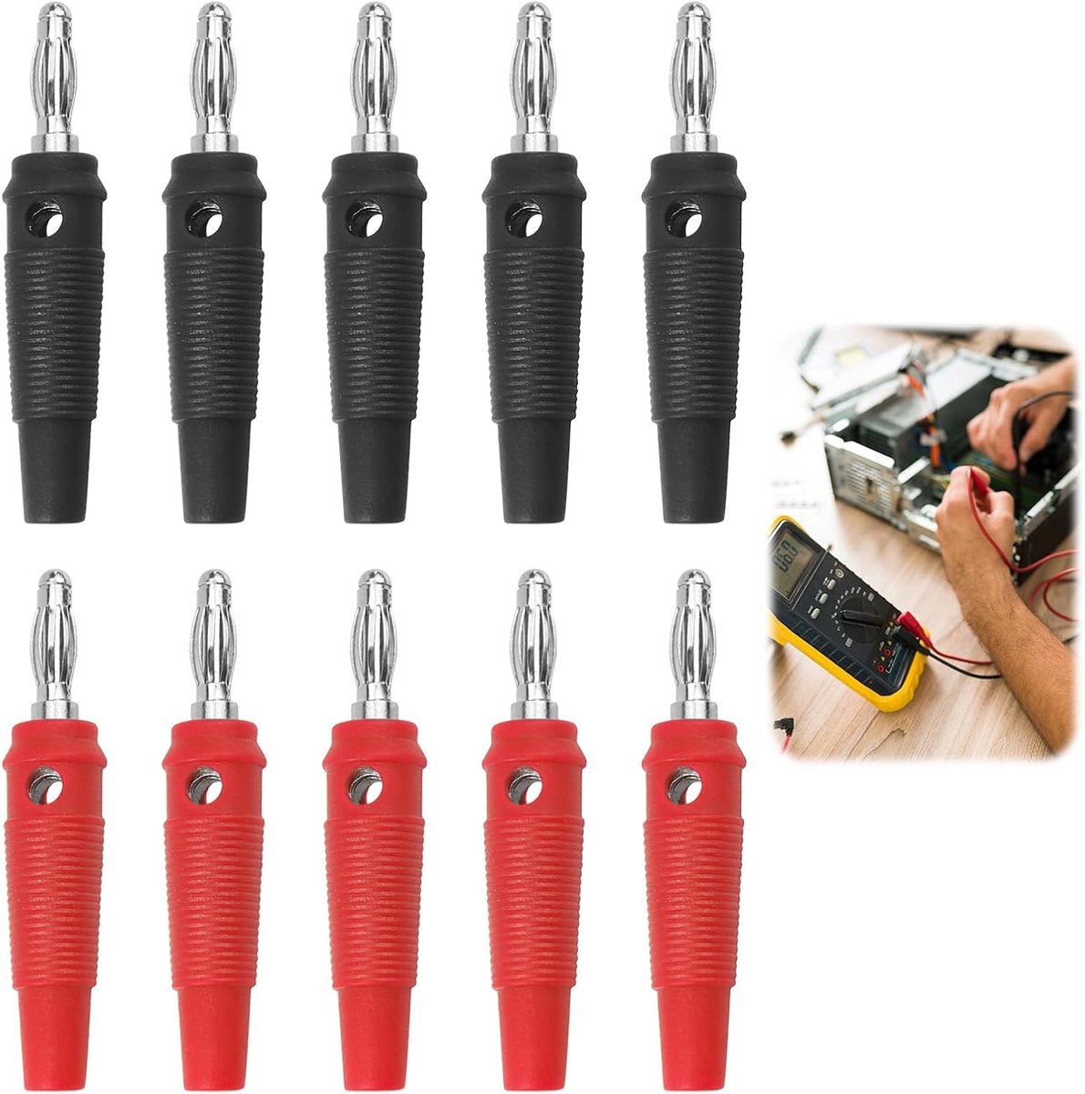 Set van 10 Banana Plugs 4 mm voor Hoge Stroom, 20A, Geschikt voor Luidsprekers, Stackable en Schroeftype, Solderen Vrij, Rood en Zwart, Ideaal voor Kabeldozen en Versterkers