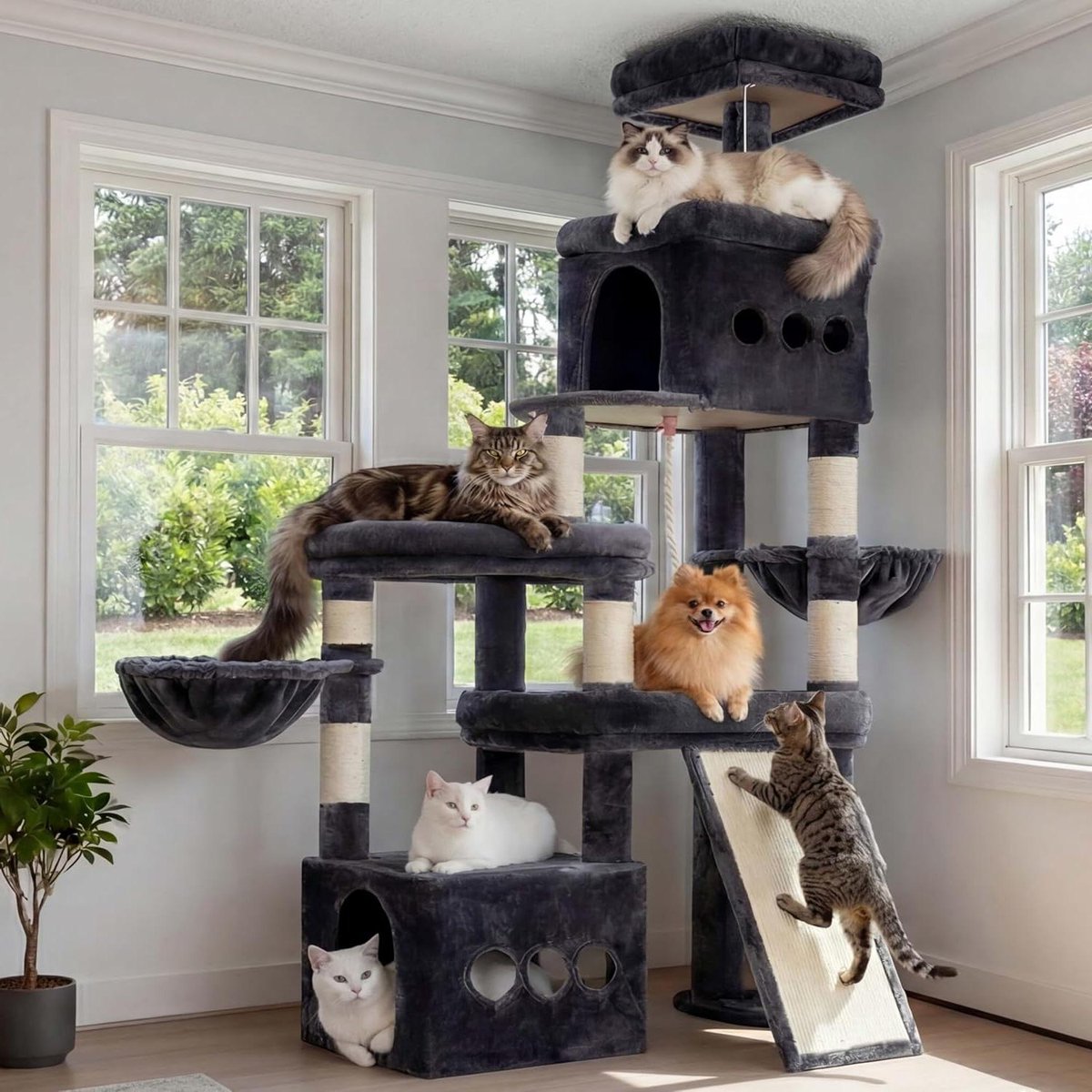 Kattenkrabpaal - Speeltoren - Katten vermaken - Extra stabiel ontwerp - 184 cm hoog - Smoke grey