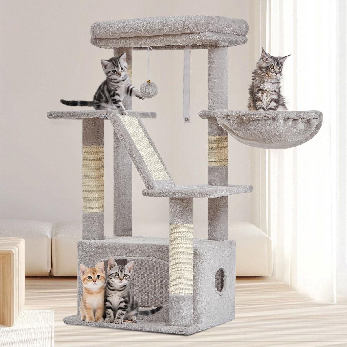 Krabpaal Kat - Klimmeubel Speelboom - Spelen en Rusten - Multifunctioneel Activiteitscentrum - 98CM Hoog - Lichtgrijs