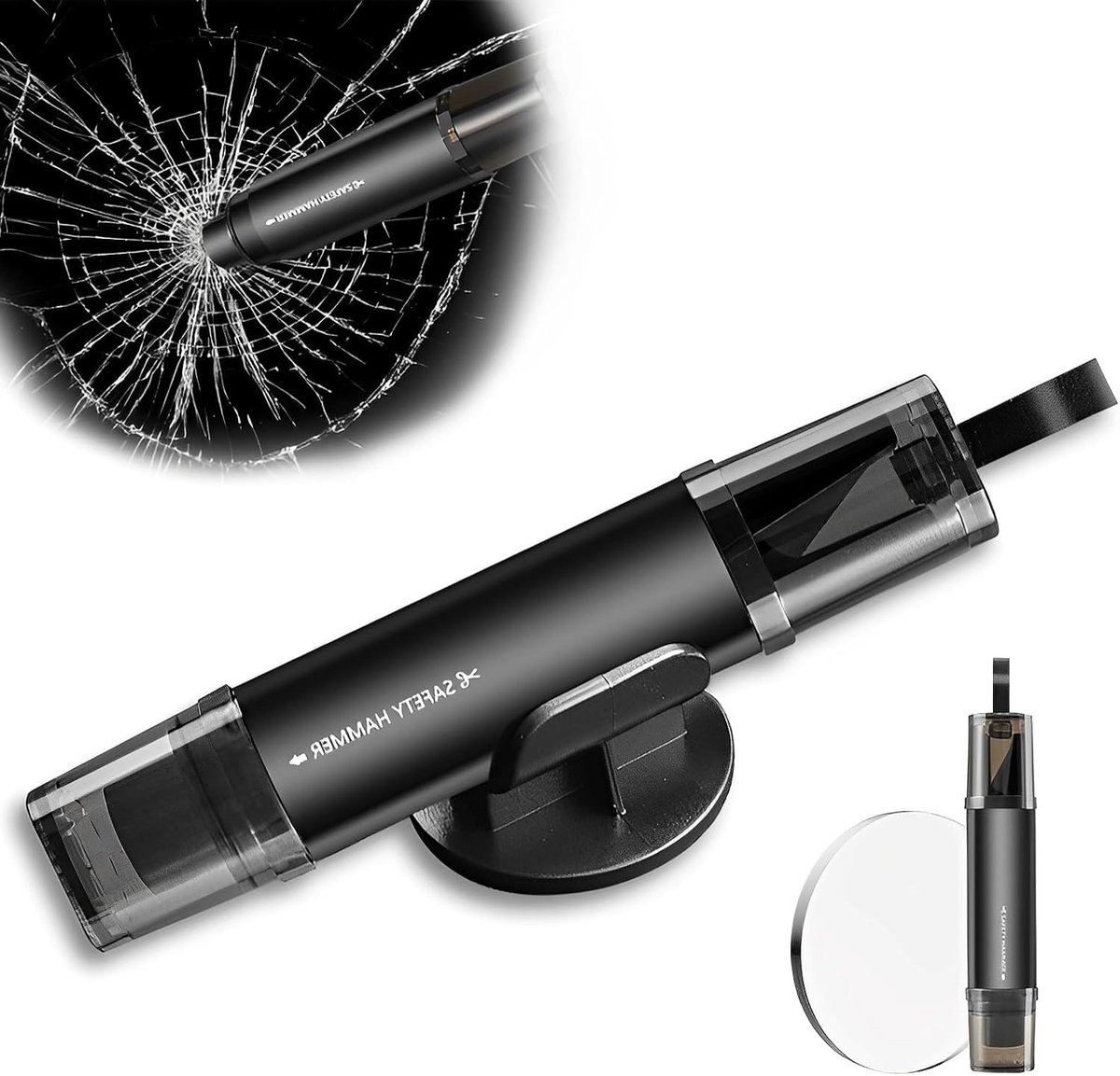 Raambreker - Auto-ruitbreker van één seconde - Autoglasbreker - Gordelsnijder - Nooduitgang Gereedschap - Levensreddend noodartefact - Inclusief testglas & zelfklevende houder - geschikt voor reddingswerk op het land en onder water - Zwart