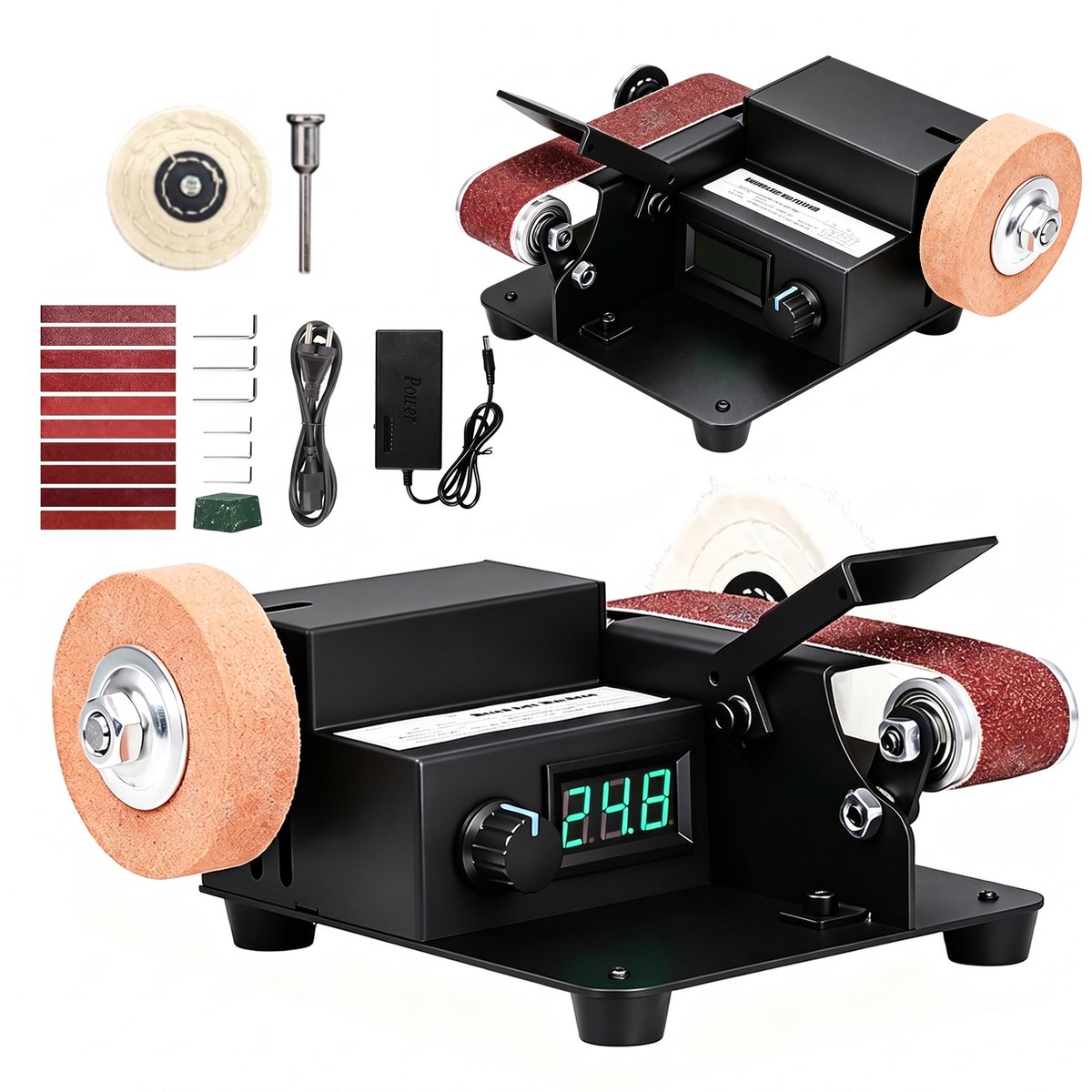 Mini Bandschuurmachine - Schuur- en Polijstmachine 3-in-1 - Tot 10.000 t/min - Regelbare Snelheid - Dubbele Motoraandrijving - Volledig Metalen Behuizing - Voor Metaal, Hout, Aluminium en Kunststof