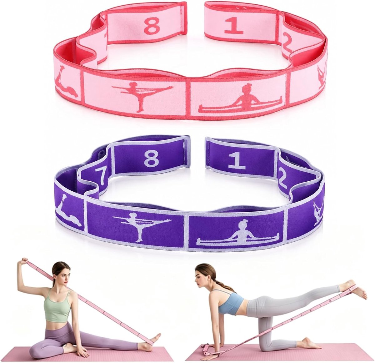 Set van 2 Yoga Riemen met 8 Gespen, Elastische Band voor Pilates, Fitness en Beenspanning