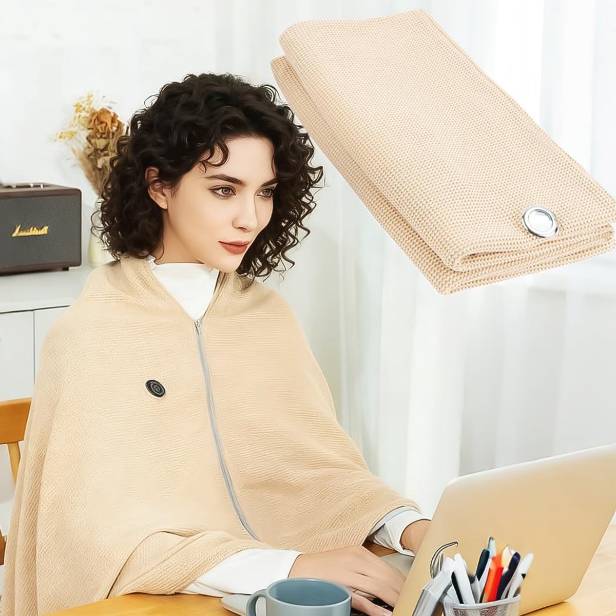 KZQ 150*80cm Draagbare elektrische verwarmde deken in gebreid design - USB-aangedreven koolstofvezel verwarming - Meerlaagse bescherming voor thuis en reizen - Abrikoos