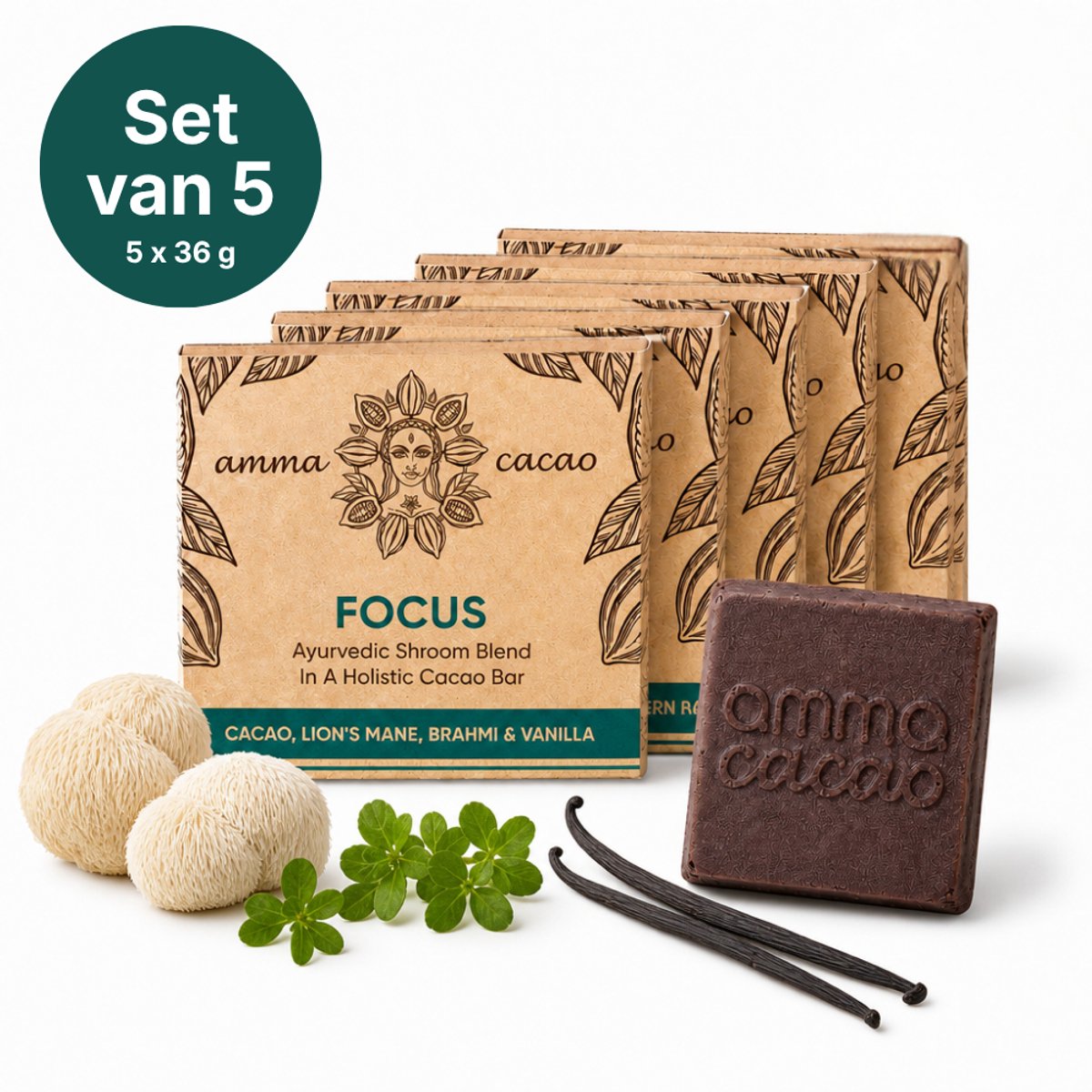 CacowGirls FOCUS Cacao Bars – Ceremoniële Cacao met Lion's Mane, Brahmi, Kaneel & Vanille – 5 x 36 g
