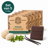 Set van 5 'amma cacao' FOCUS repen met Lion's Mane, Brahmi & Vanille. Drie Lion's Mane paddenstoelen en twee vanillestokjes ernaast.