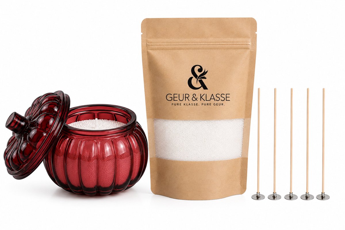 Geur & Klasse Kaarszand Starterset Rosé Glow – 250 g – Roze Glazen Pompoenhouder – Inclusief 5 Lontjes