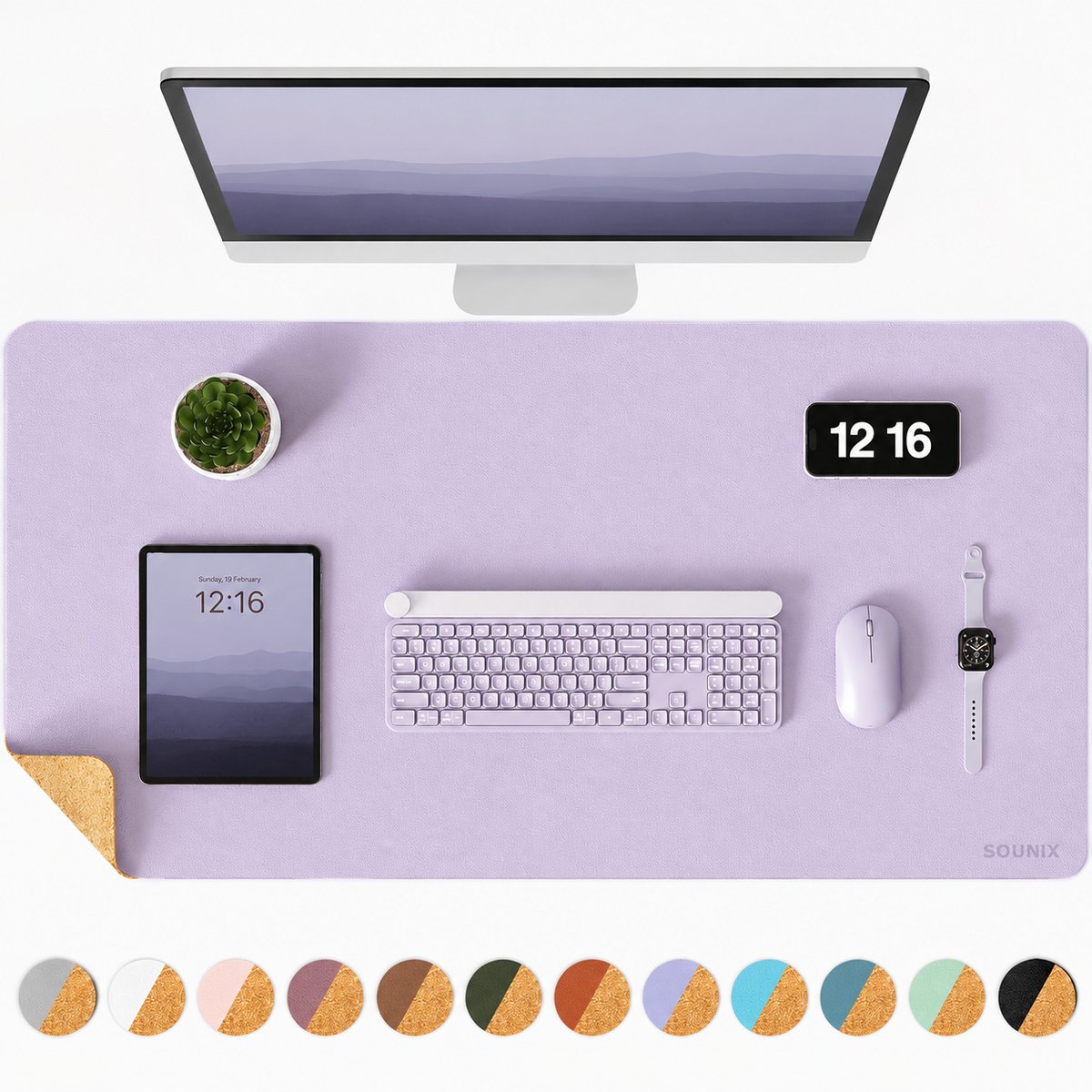 Sounix Dubbelzijdige Bureau Onderlegger - Bureaumat Kunstleer - 90x45 cm - Muismat XXL - Onderleggers - Bureau Organizer - Paars
