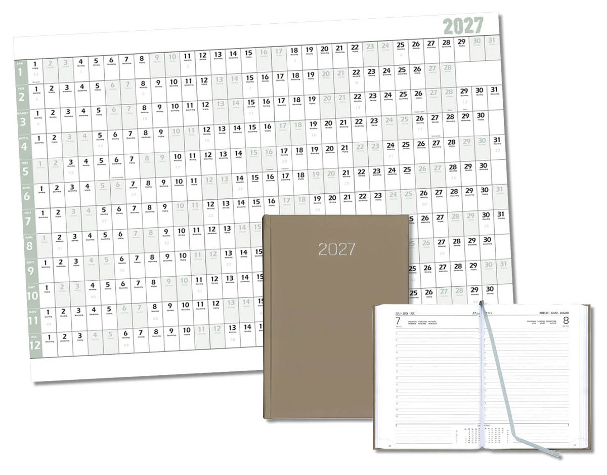 MGPcards - Bureau Dag-agenda 2027 - H42 Padua - A5 - 1 dag per pagina - 6-talig - Gewatteerde omslag - 14.8 x 21 cm - Mat Taupe + Jaar kalender - Kalender 2027 - Wandplanner - Jaarplanner - Grote planner - A1 formaat - Poster - 84 x 60 cm