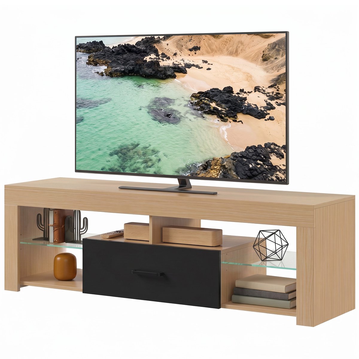ECTEATOY® TV-Meubel 140 cm - TV-Kast voor TV's tot 65 Inch - met Verstelbare Glazen Planken, Lade en Open Vakken - Eiken