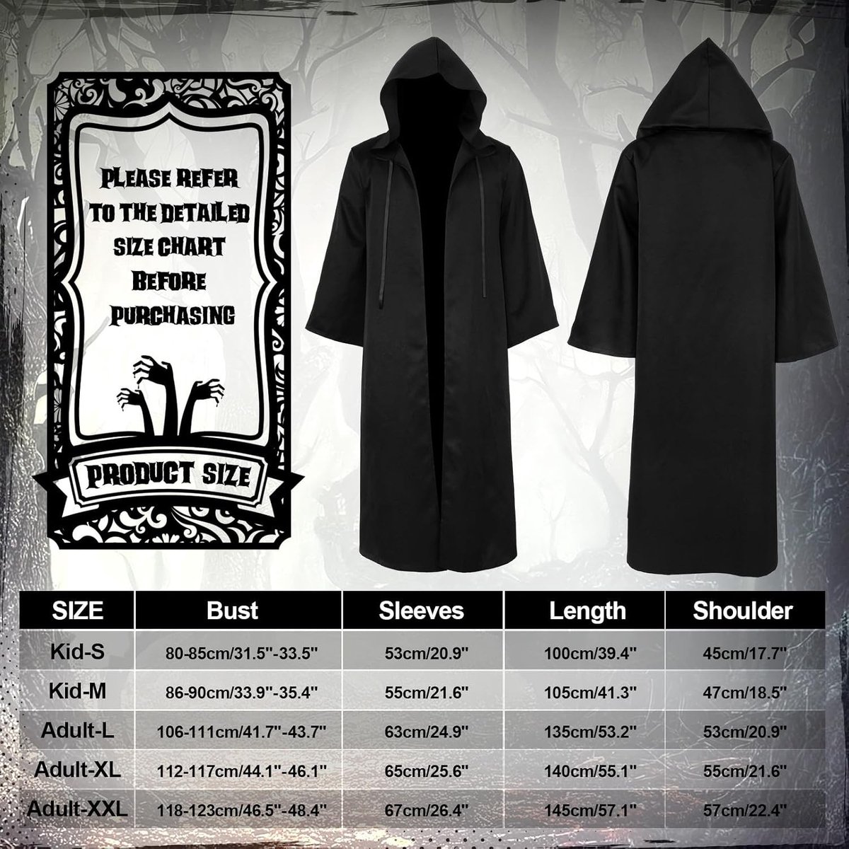 Medieval Kapmantel met Kap voor Halloween, Cosplay en Feestjes - Geschikt voor Kinderen en Volwassenen, Zwart, Maat L