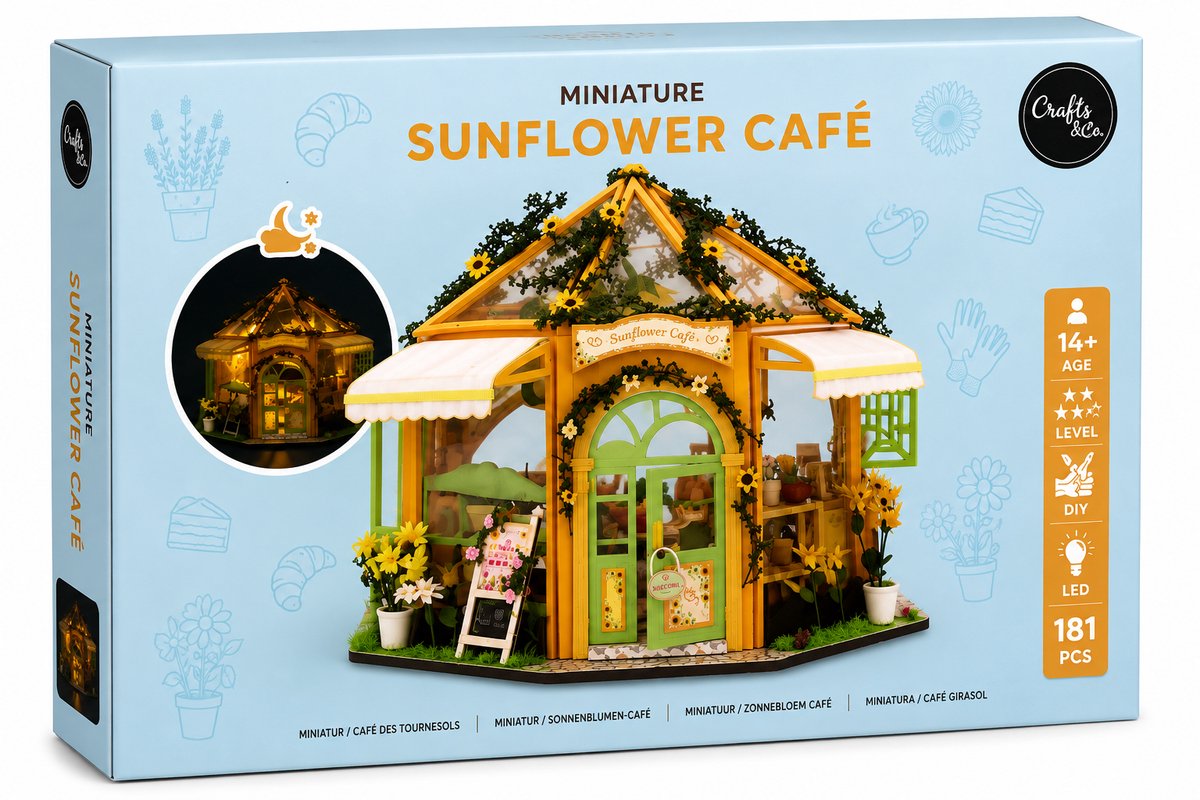 DIY Miniatuur Sunflower Café – Bouwpakket met LED Verlichting – 181 Onderdelen – Miniatuurhuisje – 14+