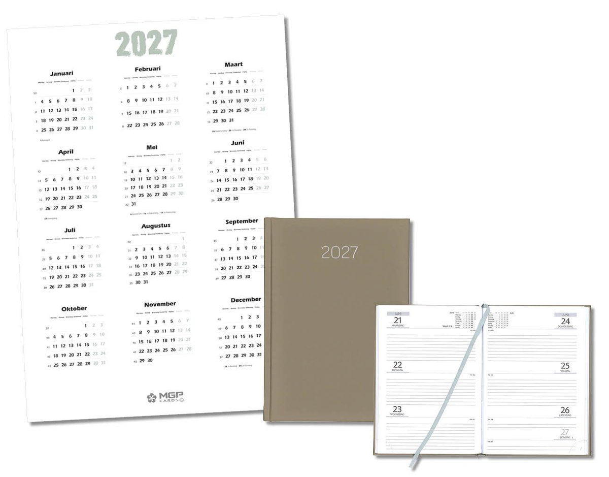 MGPcards - Bureau Week-agenda 2027 - H72 - A5 - 1 week 2 pagina's - Nederlandstalig - Gewatteerde omslag - 14.8 x 21 cm - Mat Taupe + Jaar kalender - Kalender 2027 - Wandplanner - Jaarplanner - Grote planner - A2 formaat - Poster - 42 x 59,4 cm