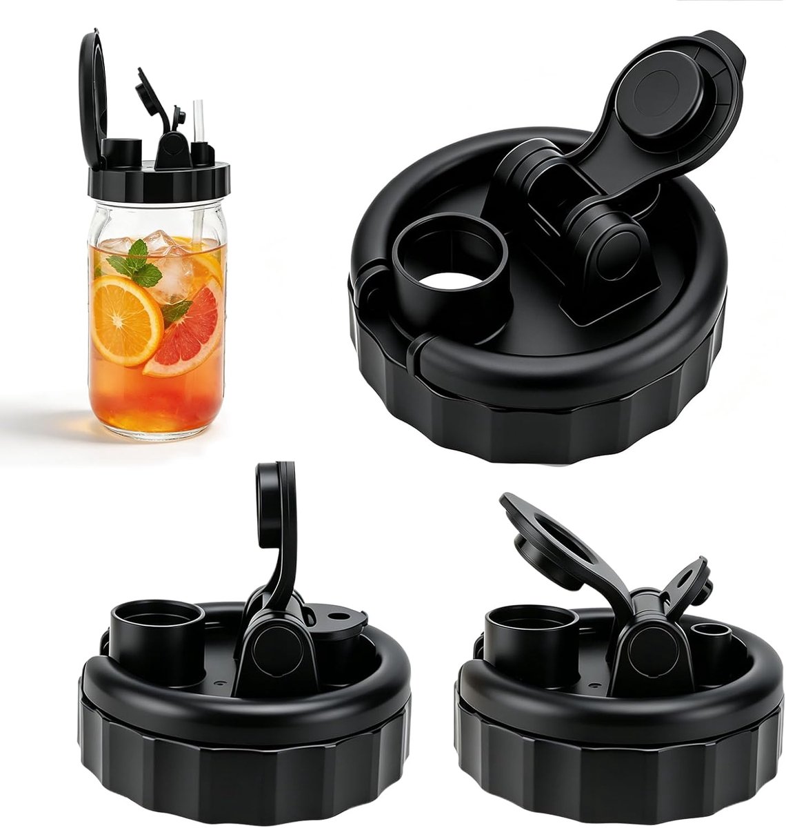 KZQ 3 Stuks Flip-Top Mason Jar Deksels - Luchtdicht & Lekvrij - Voor Drinken Salades Sauzen - Past Op 86mm Opening - Zwart