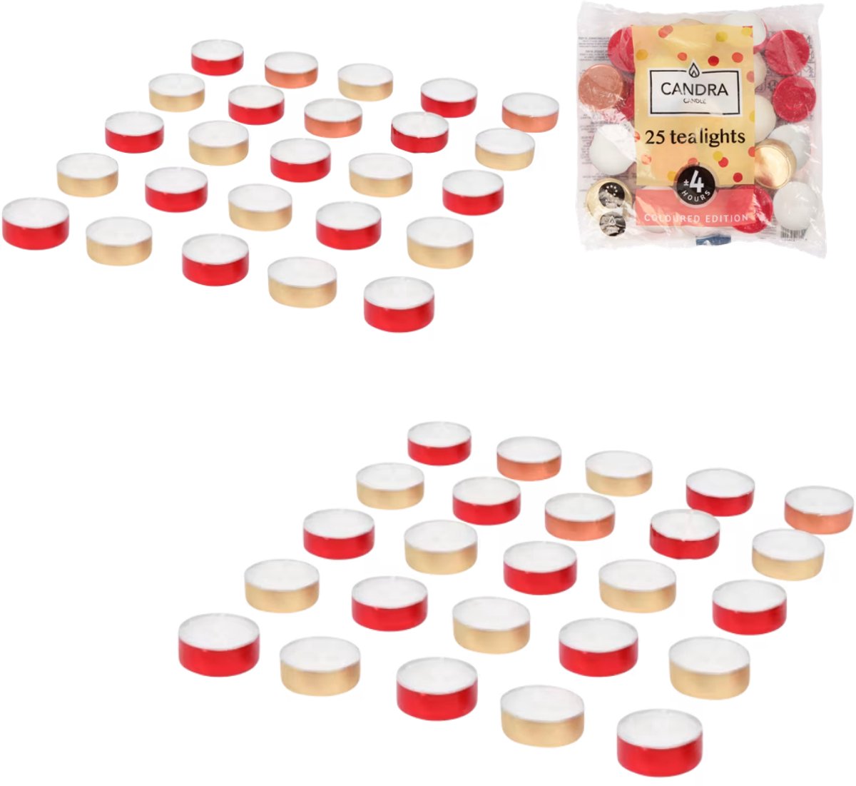 2 x 25 Candra gekleurde theelichten - Branden ca. 4 uur lang