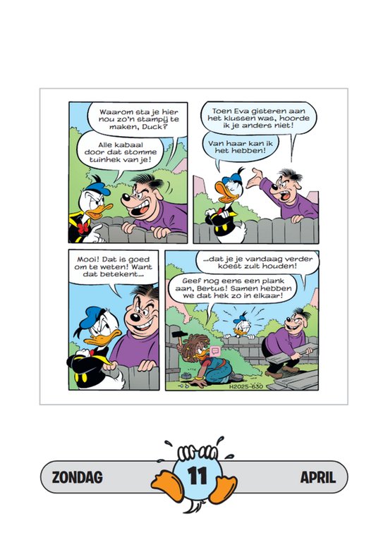 Donald Duck en Guus Geluk staan in de tuin bij een hek.