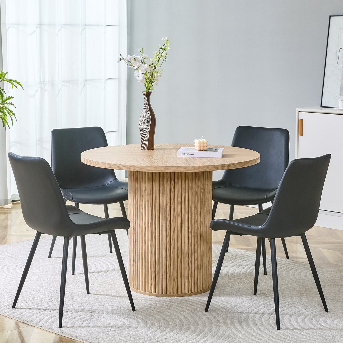Wishdor Ronde eettafel set met 1 tafel en 4 stoelen - Modern - Houtlook - Zwart - Ø 100 cm