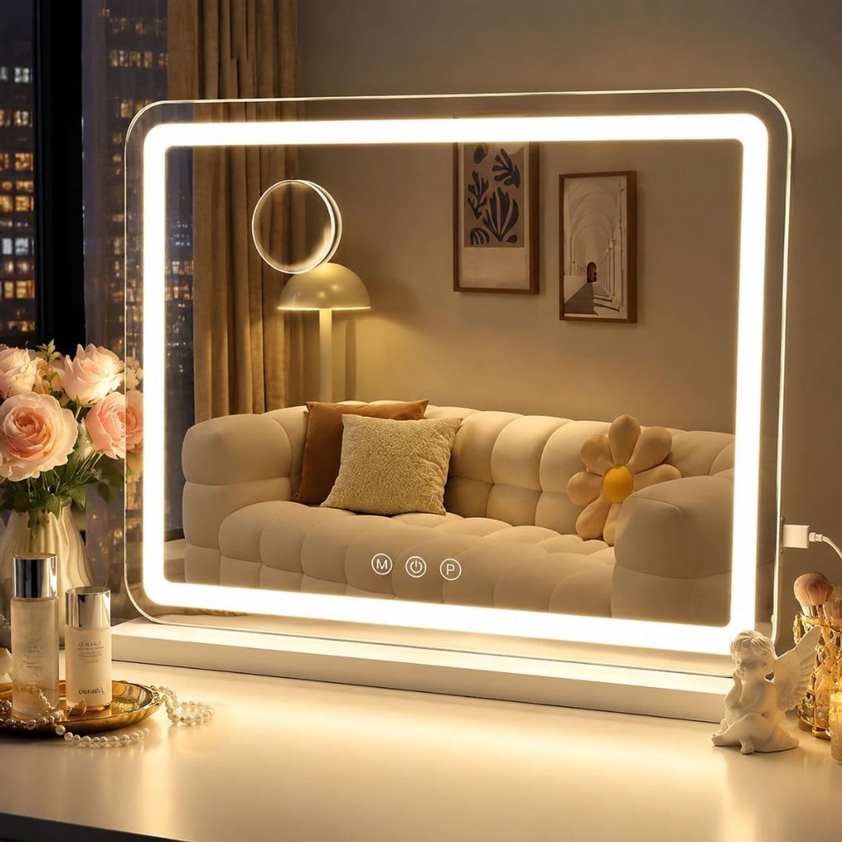Lìon® Vanity Spiegel - Vanity Spiegel met Verlichting - Makeup Spiegel - Wit - 58cm x 46cm x 48cm