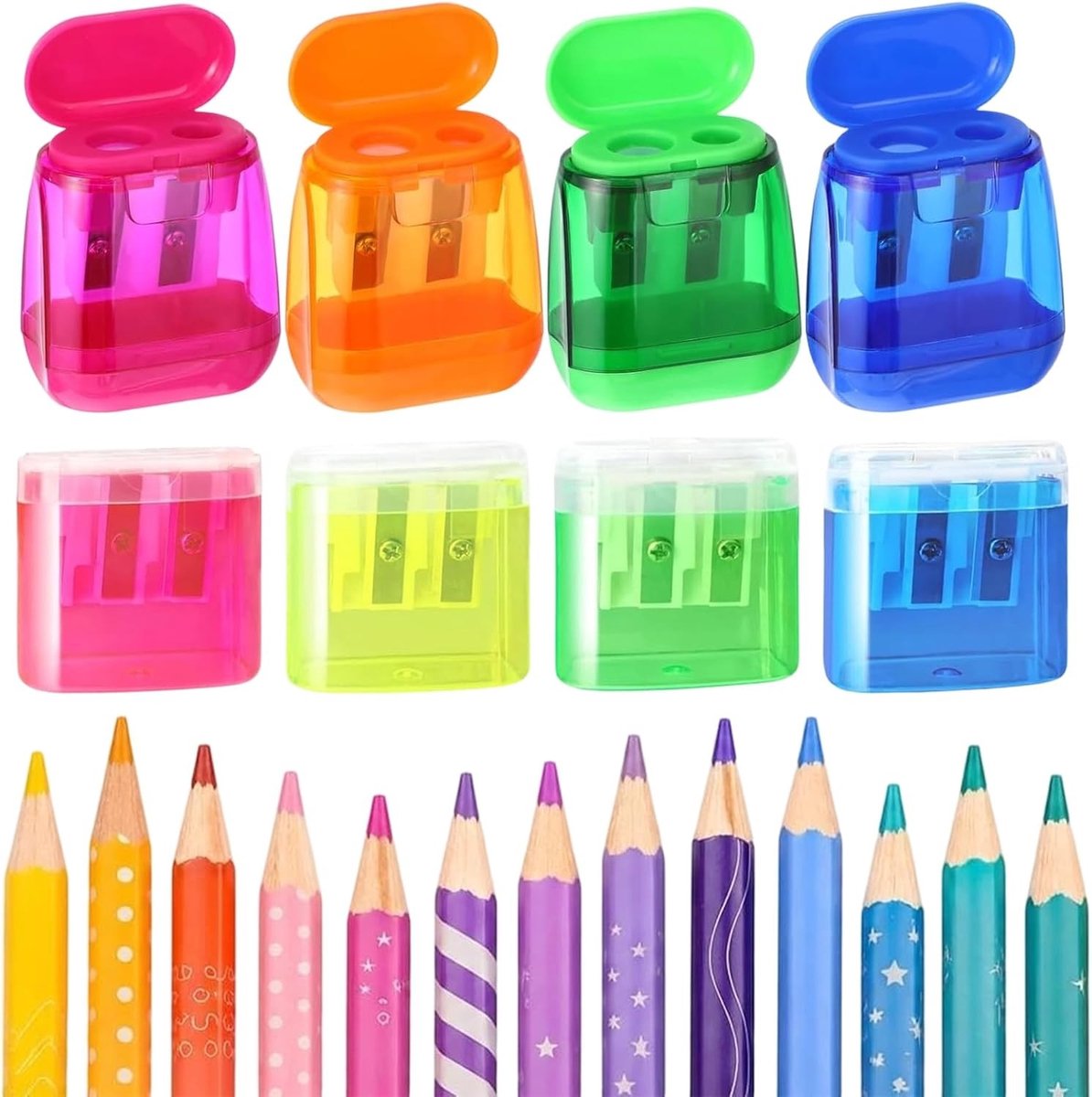 Puntenslijper - Multicolor - 8 Stuks - Met Houder en Deksel - Voor School en Kantoor