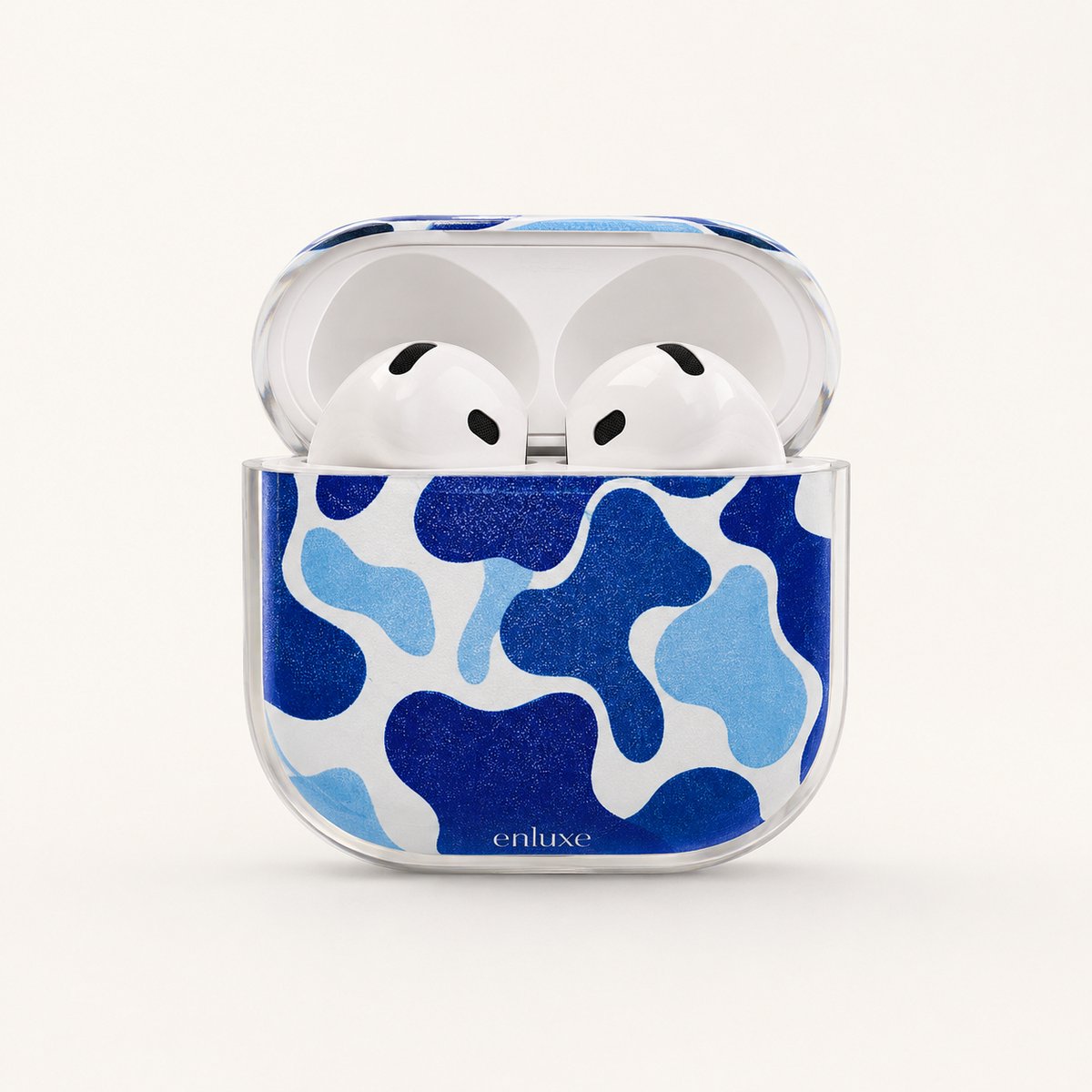 Enluxe Case geschikt voor Airpods 4 - Blue Wave Pattern Design Blauw Wit met karabijn haak