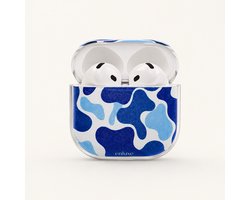 Enluxe Case geschikt voor Airpods 4 - Blue Wave Pattern Design Blauw Wit met karabijn haak