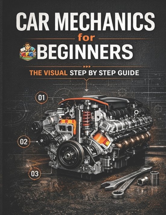 Couverture du livre "Car Mechanics for Beginners: The Visual Step by Step Guide", montrant un moteur de voiture.