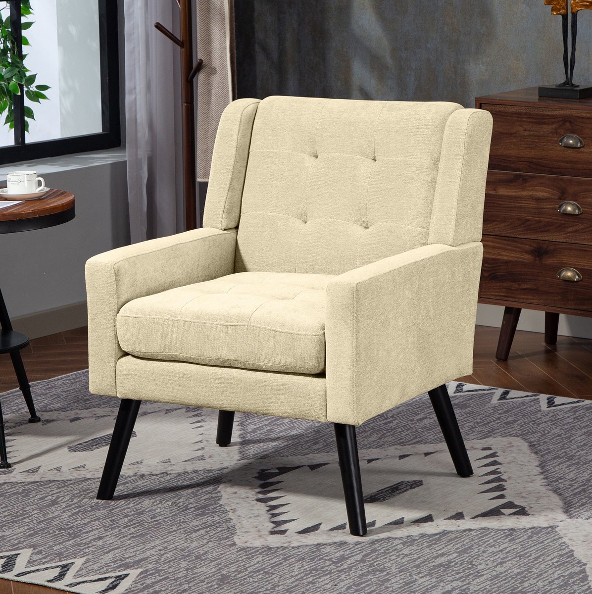 Wishdor Fauteuil - Gecapitonneerd - Armleuningen - Houten poten - 130 kg - Retro & vintage - Beige - 68 x 76 x 88 cm