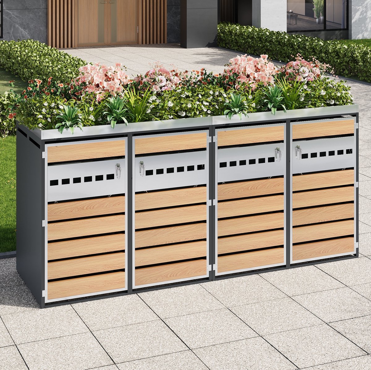 COVREO Containerberging 132x80x124,5 cm grijs houtlook, 4-vaks met plantenbak