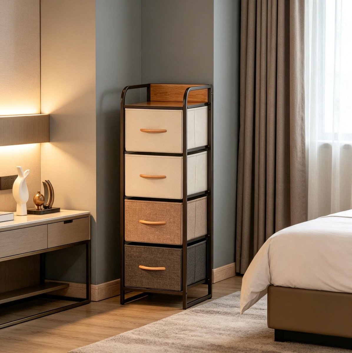 Ladekast - Smal Opvouwbaar Met 4 Lades Voor Slaapkamer En Woonkamer - MDF Staal En Polyester - Beige Bruin - 31 X 29 X 99 Cm