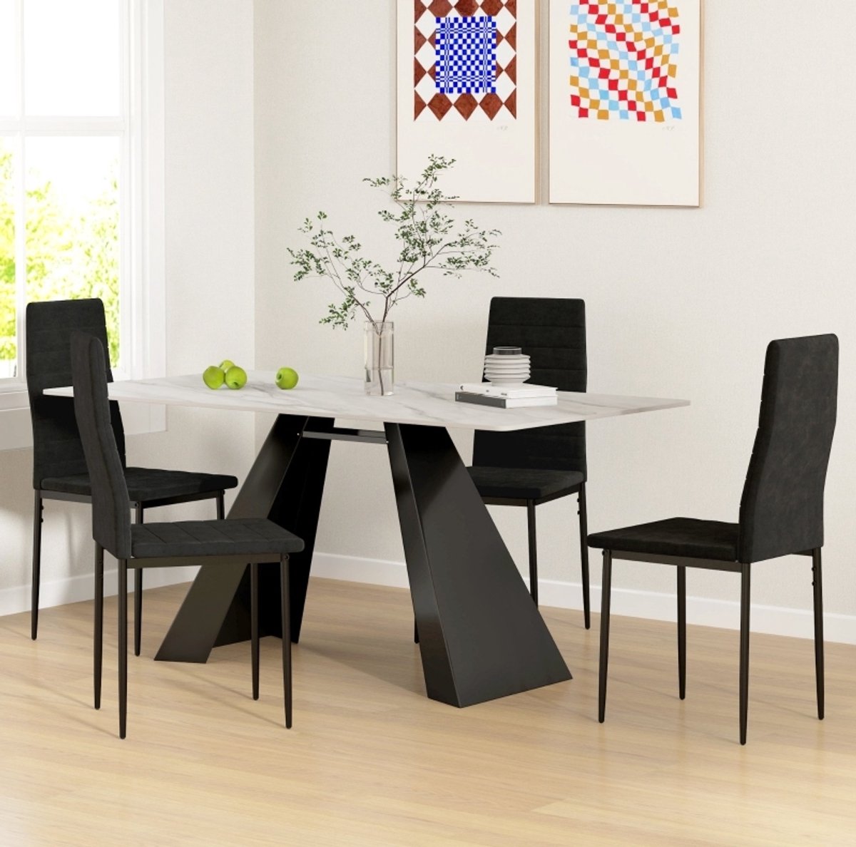 MIVRAY Eetkamerstoel Set Van 4 - Zwarte Stoffen Eetkamerstoelen Met Hoge Rugleuning En Metalen Poten - Voor Eetkamer Keuken En Woonkamer - Zwart