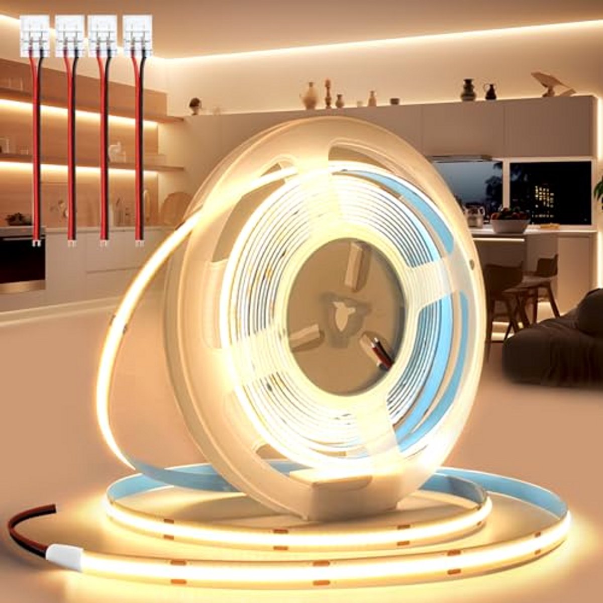 Zelfklevende COB LED Strip 24V 10 m, Warm Wit 3000K, 320 LED/m, 8 mm Breed, Flexibel IP20, voor TV en Slaapkamer